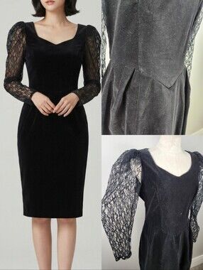 VTG Fits L Velvet Basque Waist Black Dress Lace Sleeve Witchy Vamp Lace Sleeves